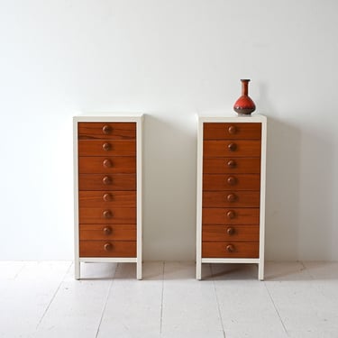 Pair of Vintage Scandinavian Nightstands with 8 Drawers – 1960s Teak and White Wood Bedside Tables 