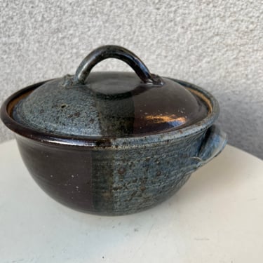 Vintage boho Vegan or vegetable steamer pottery pot in blues Browns earthy tones 4.5” x 8” 