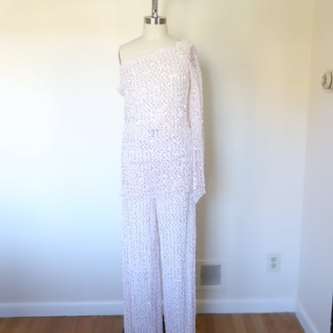 1970s Vintage Studio 54 Glitter Sequin Mesh Quilted One-Shoulder Pant Set