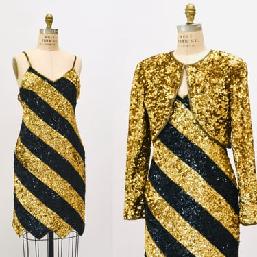 90s Vintage Black Gold Metallic Sequin Dress Tank Sleeveless Gold Sequin Jacket Bolero // Vintage 90s Sequin Showgirl Party Dress and Jacket 