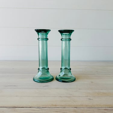 1990's Indiana Glass Georgia Green Column Candle Holders 7 Inches Tall 