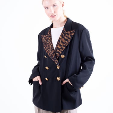 Vintage MONDI 1990s Black Double Breasted Blazer with Leopard Print Lapels + Lining Cheetah Animal Jacket Oversized 90s 
