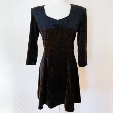 80s Black Crushed Velvet Skater Fit and Flare Dress | Small/Medium 