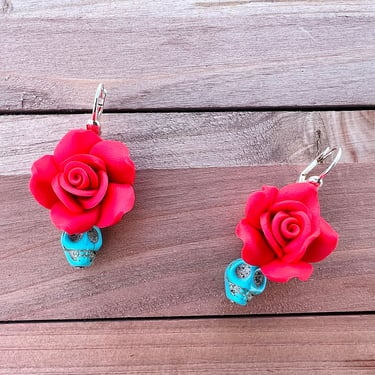 Handmade Polymer Clay Red Rose with Turquoise Skulls Earrings 