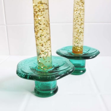 Vintage 90s Flower Shaped Glass Taper Candlestick Holder Set Teal Green - Quirky Cute Aesthetic Home Decor Gift For Friend 