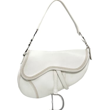 Dior White Leather Stitched Saddle Bag