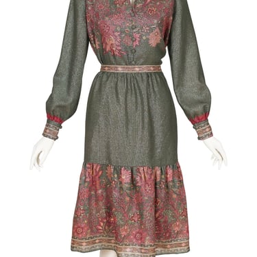 Lancetti 1970s Vintage Green Floral Lurex Wool Blouse & Skirt Set Sz XS 