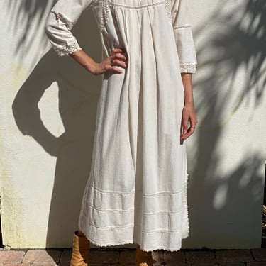 Vintage White Cotton Dress / Crochet Cut Out Summer Dress / Maxi Gown / Seventies Maxi Dress / Indian Cotton Dress 