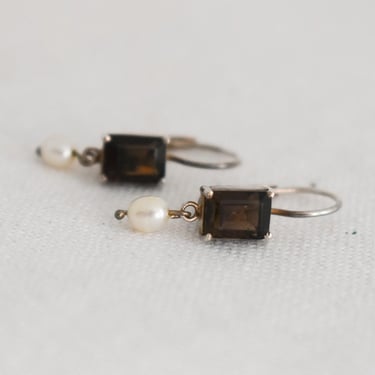 1990s Smoky Quartz, Pearl, and Sterling Silver Pierced Earrings 