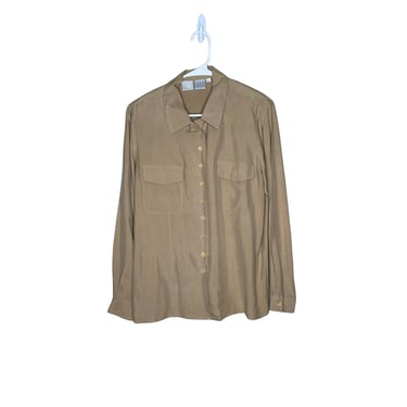 Women's Wintersilks Brown Tan Silk Button Up Blouse with pockets, Size 10 