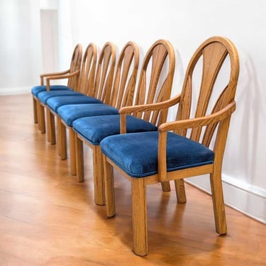 Set of 6 Postmodern Dining Chairs – Oak Frame, Blue Velvet Polka Dot Seats, 1980s Vintage, Armchairs & Side Chairs 