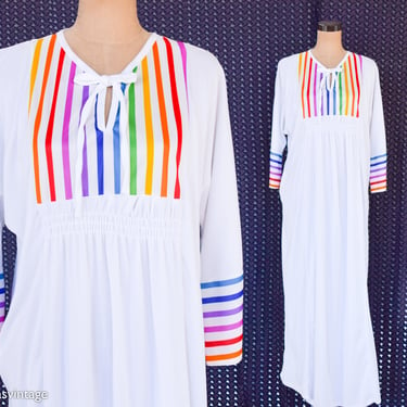 1970s White Rainbow Maxi Dress | 70s White Polyester Knit Maxi | Di Carlo | One Size 