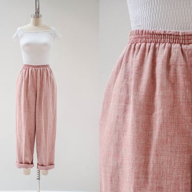 red linen pants | 90s y2k vintage Harvé Benard brick red white elastic waist loose baggy wide leg pants 