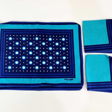 Vintage Blue Polka Dot Placemats Set of 4 Turquoise Navy Mid-Century Place Mats MCM Style Set of 2 Matching Napkins 1980s 1970s 