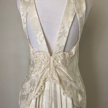 Vintage Jessica McClintock Bridal Cream Gown - VTG Pearl Beaded Halter Lace Cutout Low Back Damask Ivory Wedding Dress 