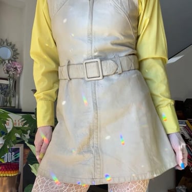 VTG 60s Cream Leather Belted Mini Dress 