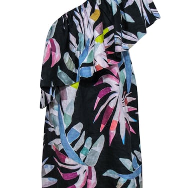 Mara Hoffman - Black & Multicolor Leaf Print One-Shoulder Dress w/ Flounce Top Sz 12