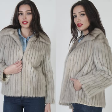 Corded Silver Mink Fur Cropped Jacket With Pockets, Vintage 60s Grey Leather Coat, Vertical Striped Short Waistcoat 