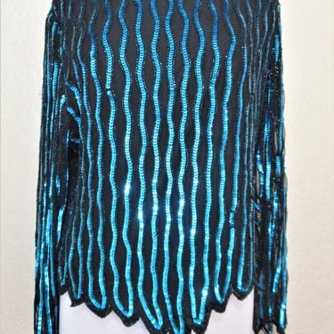 Vintage Sequin Top, 1980s Laurence Kazar, Large Women, black silk chiffon tunic, black beads, turquoise sequins 
