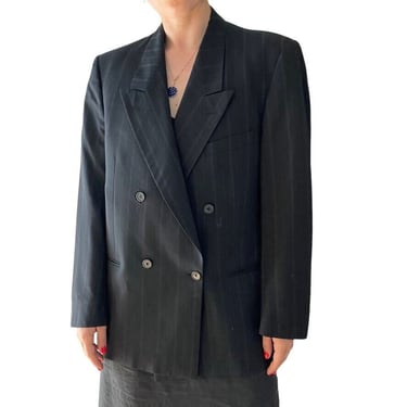 Vintage Yves Saint Laurent YSL Gray Striped Wool Double Breasted Academia Blazer 
