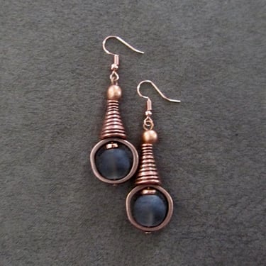 Mid century modern earrings gray frosted glass and copper earrings 