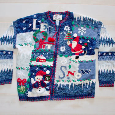Vintage Ugly Christmas Sweater, Novelty, Kawaii, Holiday, Santa, Tree, Snowman, Embroidered, Xmas 
