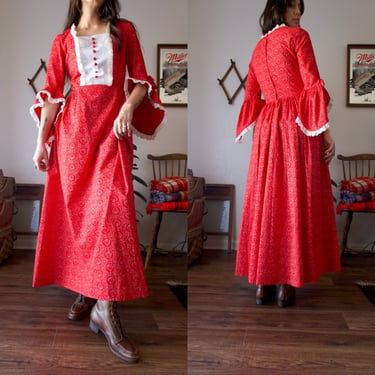 Vintage 60's Handmade Red Lace High Low Bell Sleeve Maxi Dress 