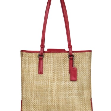 Coach - Beige Woven Straw Tote w/ Red Leather Trim