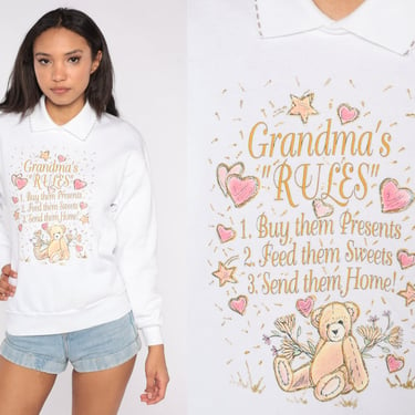 Collared Grandma Sweatshirt 80s Grandmas Rules Sweater Teddy Bear Graphic Shirt Long Sleeve Vintage Slouchy 1980s Jerzees Small Medium 