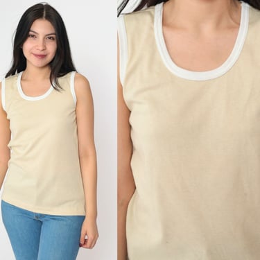 Beige Tank Top 80s Ringer Tee Shirt Jantzen Sleeveless T-Shirt Retro Basic Plain Solid Summer Sporty 1980s Vintage Small S 