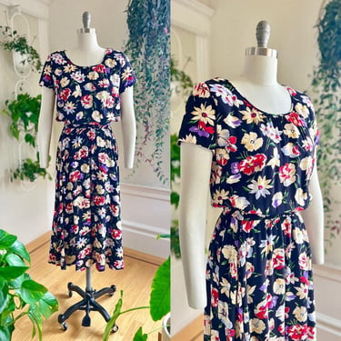 Vintage 1980s Dress | 80s does 1940s Black Floral Print Rayon Fit and Flare Day Tea Dress | small/medium/large 