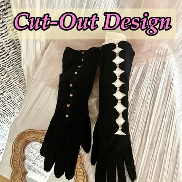 Vintage Cut Out Gloves, Black, Gold Metal Trim,  Kid Leather, 13 1/2” Long, Goth Glam, Pin Up Style, Film Noir Inspired 