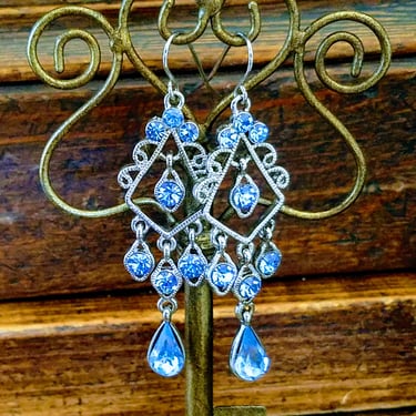 Vintage Rhinestone Dangle Earrings~Blue Glass Rhinestone~Boho Drop Earrings~Elegant Mid Century Earrings~Bridal Jewelry~JewelsandMetals. 