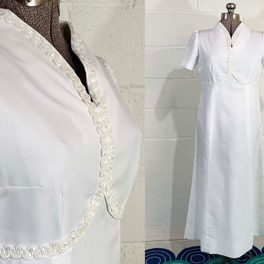 Vintage White Maxi Waist Dress 60s Mod Non-Traditional Wedding Short Sleeve Gown 1960s Mid-Century Bridesmaid Sequin V Neck Fashion Medium 