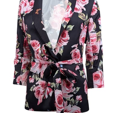 Dolce & Gabbana - Black & Pink Rose Print Waist Tie Blazer Sz S