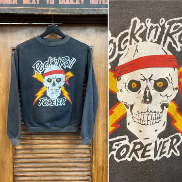 Vintage 1980’s Skull x Lightning Bolt Rock n’ Roll Forever Amazing Sweatshirt, 80’s Metal, Vintage Clothing 