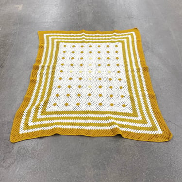 Vintage Afghan Blanket 1970s Retro Size 74X61 Bohemian + Homemade + Wool + Yellow and White + Rosettes + Throw + Textile and Home Decor 