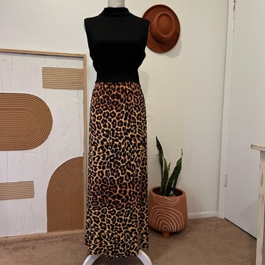 Vintage 1970s Sleeveless Collared Tank Top Cheetah Animal Print Maxi Dress 