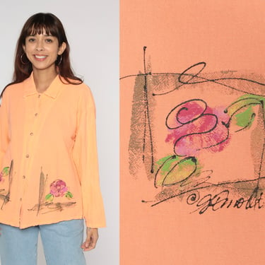 Rose Print Blouse Y2k Peach Floral Button Up Shirt Long Sleeve Collared Top Retro Flower Illustration Hippie Vintage 00s Cotton Medium M 