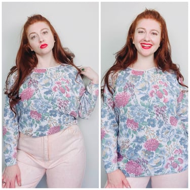 1990s Vintage Oatmeal and Pink Floral Sweater / 90s / Nineties Cotton Thermal Look Henley Jumper / Extra Large 