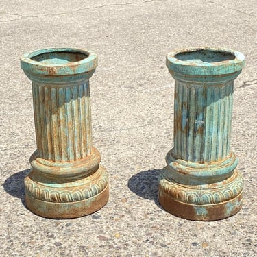 Classical Style Cast Iron Round Fluted Column Garden Urn Pedestal Base - a Pair