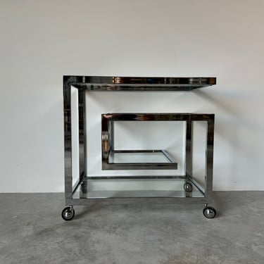 70's Mid- Century Milo Baughman Attr.  Chrome &  Glass Bar Cart 