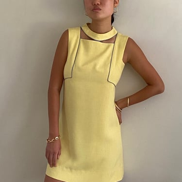 60s cut out mod dress / vintage lemon yellow woven silk cut out neckline sleeveless mini shift cocktail dress | S M 
