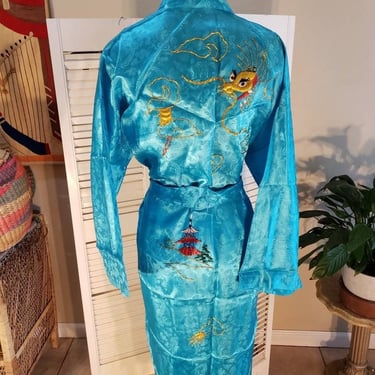 Vintage 60s Japanese Kimono Robe Duster Dragon Deadstock Embroidery Soutache Trim  M/L w/Belt 