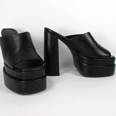 Vintage PRADA Black Leather Square Toe Mules with Block Heel
