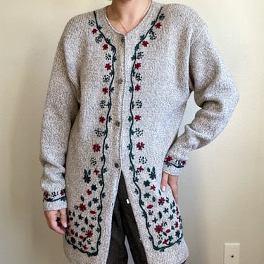 Vintage Womens Gray Wool Long Cardigan Christmas Theme Floral Embroidery Sz L 