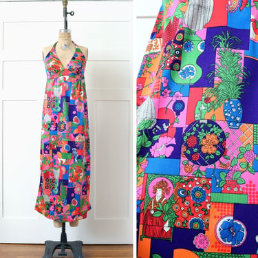 vintage 1970s psychedelica halter dress • potted plants, geisha, & bright neon floral novelty print dress 