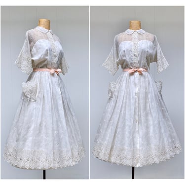 Vintage 1950s White Floral Lace Wedding or Party Dress, Sheer Nylon Eyelet Tea Length Full Skirt Bridal/Reception, Small 34