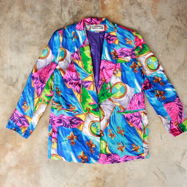80s 90s Silk Neon Baroque Print Blazer Size S / M 