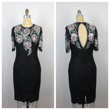 Vintage 1990s Scala silk beaded sequined dress floral cocktail party evening 